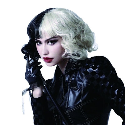 Короткий скакалки кудрявый Bang волосы парика Белая и черная Cruella Cosplay Термоустойчивые волокна